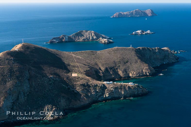 South Coronado Island, Mexico, eastern side, Middle and North Islands in the distance, aerial photograph.